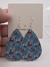 Blue Christmas Reindeer Teardrop Faux Leather Earrings Snowflake