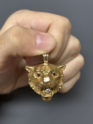 14K Gold Diamond & Garnet Tiger Head Pendant