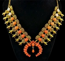 CHARMING CHARLIE Squash Blossom Necklace Orange Acrylic Gold Tone Jewelry 24-26"