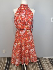 Adrianna Papell Tea Time Floral Dress Women's 6 Coral Halter Midi Sundress Party