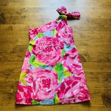 Lilly Pulitzer Hotty Pink First Impression Chloe One Shoulder Dress Bow Size 6