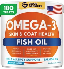 GOODGROWLIES Omega 3 Fish Oil Dog Chews Skin Coat Allergy Support 180ct