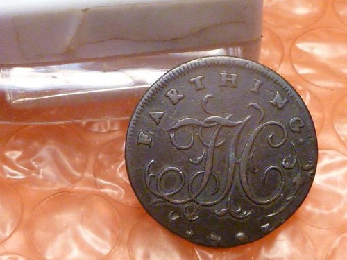 Gettone commerciale Farthing coloniale Isaac Newton originale 1793 grado superiore #2 - Foto 2 di 3