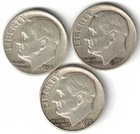 Three 1957 Silver Roosevelt Dimes