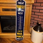 Vintage Original Chew Mail Pouch Tobacco 39" Porcelain/Metal Thermometer Sign.