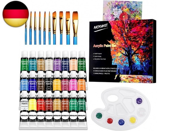 36-Teiliges Acrylfarben-Set, 24 Tuben Farben Mit 10 Pinseln, 1 Leinwand, 1-image