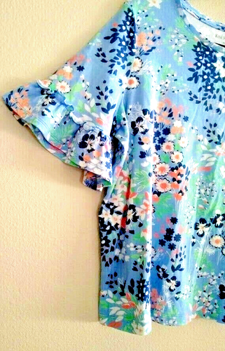 KIM ROGERS Sz PXL Blouse Blue Floral Elbow Ruffled Sleeve 100% Cotton Pullover(7 - Picture 5 of 11