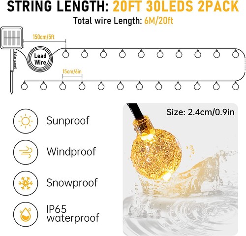Waterproof Solar Globe String Lights 30LED 20ft Garden Fairy Lights 8 Modes USA - Picture 7 of 18