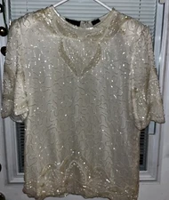 Mark & John By Sam Suit Top Skirt Ivory Silk Beaded Sequins Formal Sz S Vtg Read