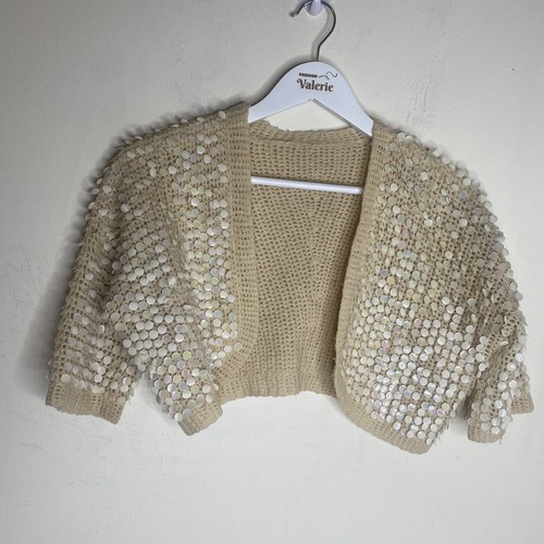 Macy Associates Vintage 60s Cream Mother of Pearl Sequin Bolero Knit Sweater XXS - Picture 2 of 14