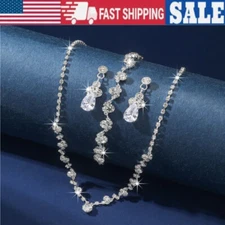 Women Bride Prom Party Crystal Shiny Rhinestone SHORT Necklace Earrings Jewelry