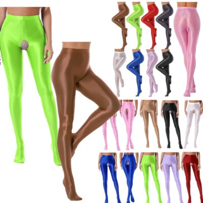 ~Womens Glossy Crotchless Pantyhose Stockings Stretchy Tights Pant Lingeries