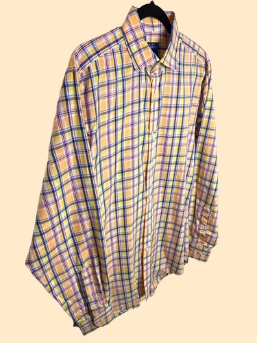 Charles Tyrwhitt Poplin Weave Colorful Peach Yellow Navy Check Dress Shirt Men M - Picture 2 of 6
