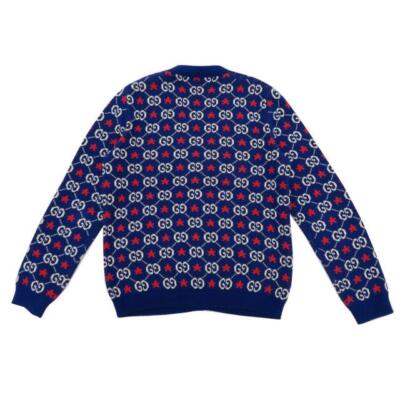 GUCCI 刺繍入りカーディガン ネイビー/レッド GUCCI Authentic '19 GG Star Cotton Knit Cardigan Blue x Red