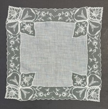 Embroidered Floral Bows Net Lace Border Vintage Wedding Handkerchief White