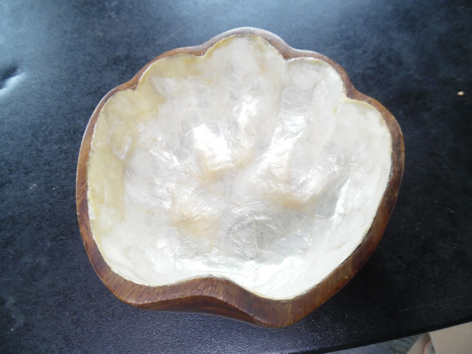 Vintage Teak wood scallop look bowl with shell inlay - 6½" x 6½"