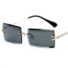 Vintage Gold Frame Black Tint Rimless Shades Retro Rectangular Mens Sunglasses