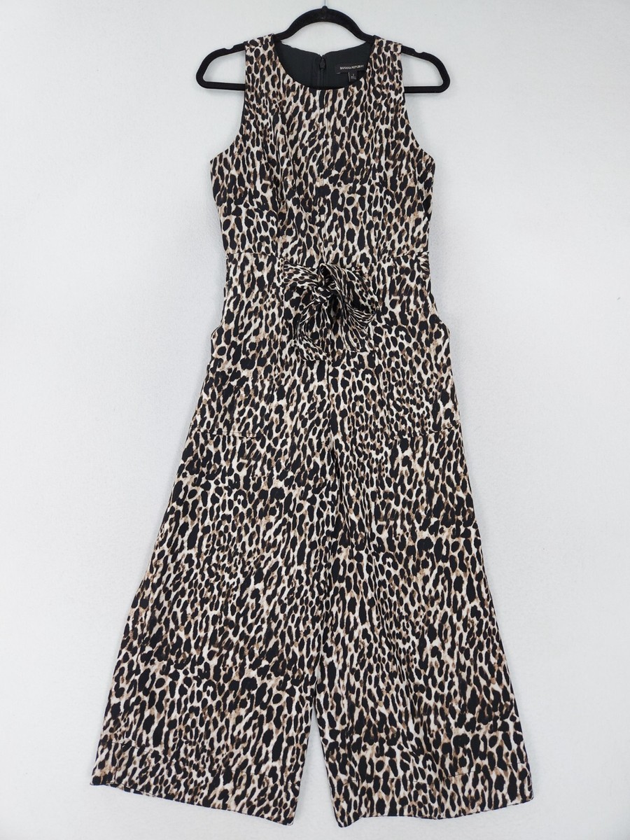 Banana Republic Jumpsuit Womens Black Tan Leopard Print