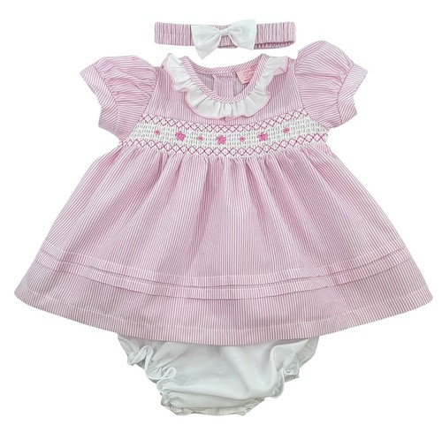 Baby Girl Dress Headband Knickers Set Outfit Smocked Embroidered Bow Pink Blue - Picture 11 of 11