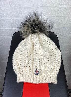 MONCLER Knit Wool Beanie Fox Fur Pom Pom Logo Hat made in