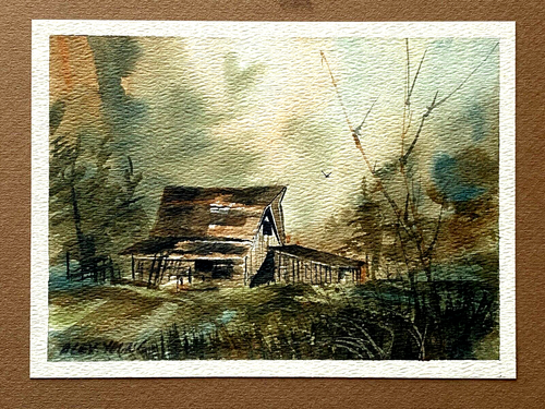 Alex Young Original Aquarell Gemälde Kunstdruck 1977 Haus Scheune Hütte Wald - Bild 1 von 10