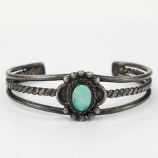 Childs Vintage Sterling Silver Navajo Green Turquoise Cuff Bracelet