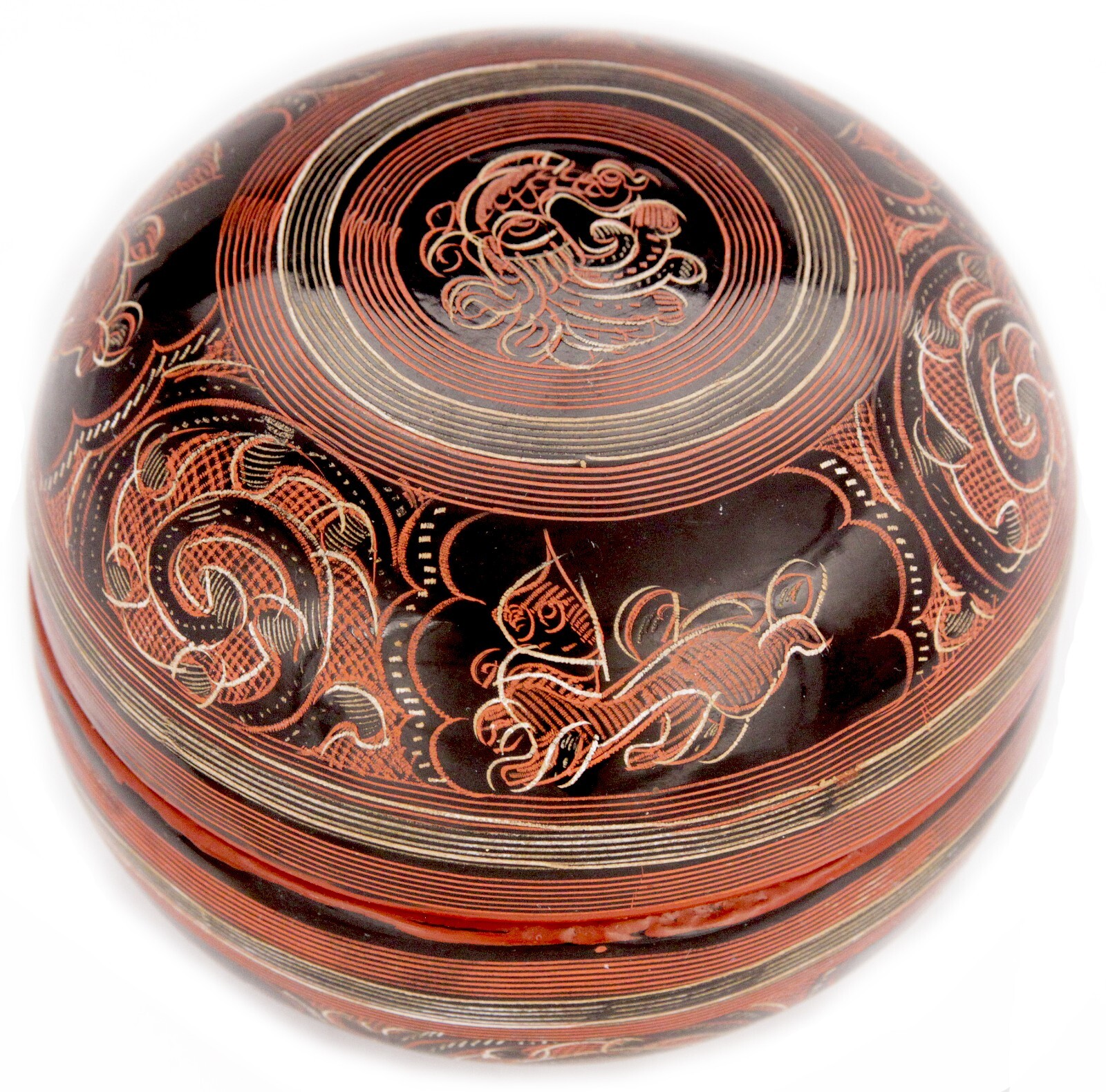 Vintage Burmese Etched Yun Lacquer Round Box Container Burma SE Asian Old