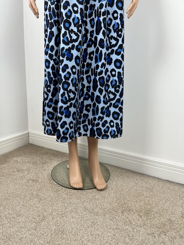 New Blue Black Animal Leopard Print Fit & Flare Short Sleeve Midi Dress L 14 - Picture 4 of 9