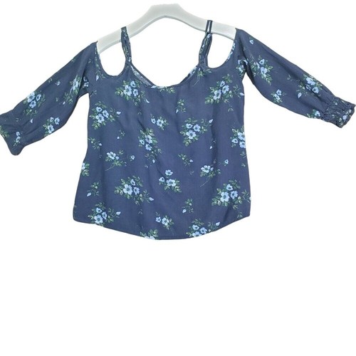 AMERICA EAGLE Womens Top XSmall Cold Shoulder Floral Long Sleeve Blue Ruched - Picture 3 of 9
