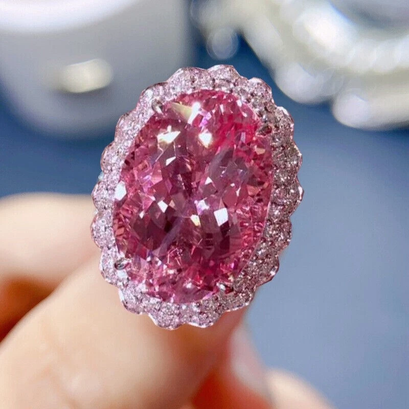 Anillo de 30, 20 mm corte ovalado rosa kuncita XL piedra y circonitas cúbicas 8 enchapado en platino Foto 3 de 4