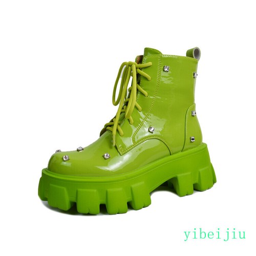 Women's Platform Lace Up Ankle Boots High Top Rhinestones Leather Shoes Fashion - Picture 21 of 23