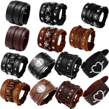 Punk Rock Wide Cuff Bracelet Motorbike Wide Belt Leather Wristband for Men Adj