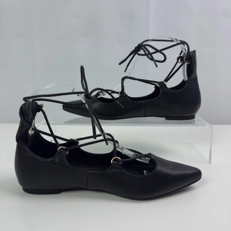 Topshop Size 36 US 5.5 Black Faux Leather Lace Up Pointed Toe Ballet Flats - Image 3 of 4