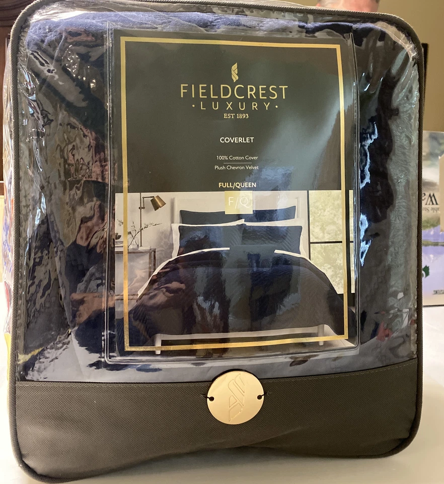 Fieldcrest Lujo Algodón Chevron Terciopelo Cobertor/Colcha Completa/Queen Azul Marino $190 Foto 3 de 4