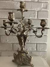 Vintage Revival Louis XV Rococo Style Candelabra Pair 5 Arm Silver plate 16.5”