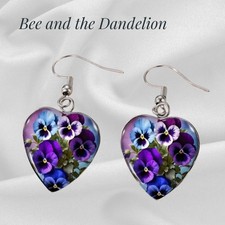 Purple Pansies Heart Shaped Glass Cabochon Earrings