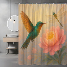 Colorful Floral Shower Curtain with Hummingbird and Dragonfly