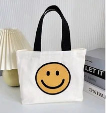 Smiley Face Canvas Tote Bag Cute Small Handbag Shopping Bag (Open Top)