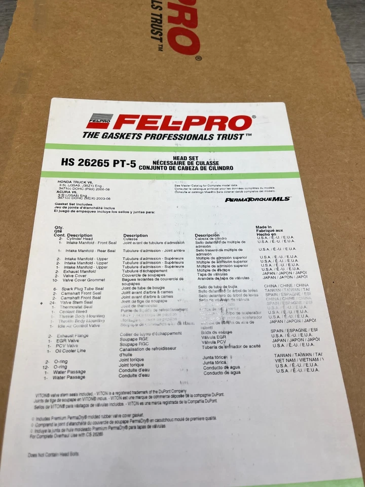 Juego de juntas de culata de motor Fel-Pro HS 26265 PT-5 para Honda/Acura 3.2 Foto 2 de 3
