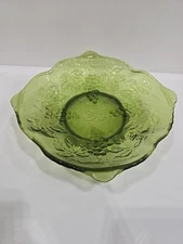 Vintage Green Glass Serving Bowl W/Grape Design 10" x 2" - NO CHIPS  Free S&H