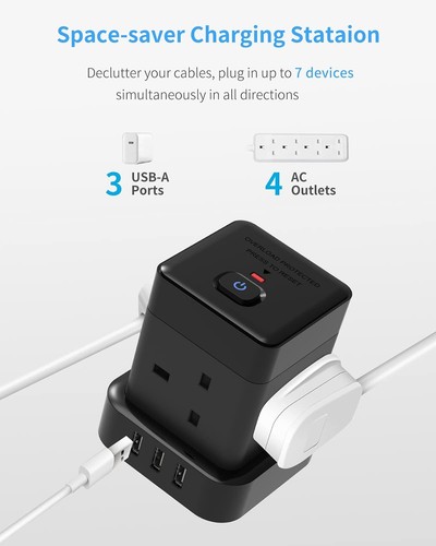 Cube Extension Lead 5M Black Baykul 4 Way Extension Plug Cable with 3 USB Ports - 第 2/7 張圖片