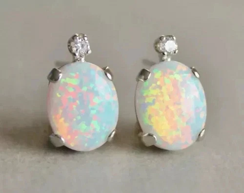 2 Ct Oval Cut Lab-Created Fire Opal Stud Earrings 14K White Gold Plated Silver - Image 4 of 4