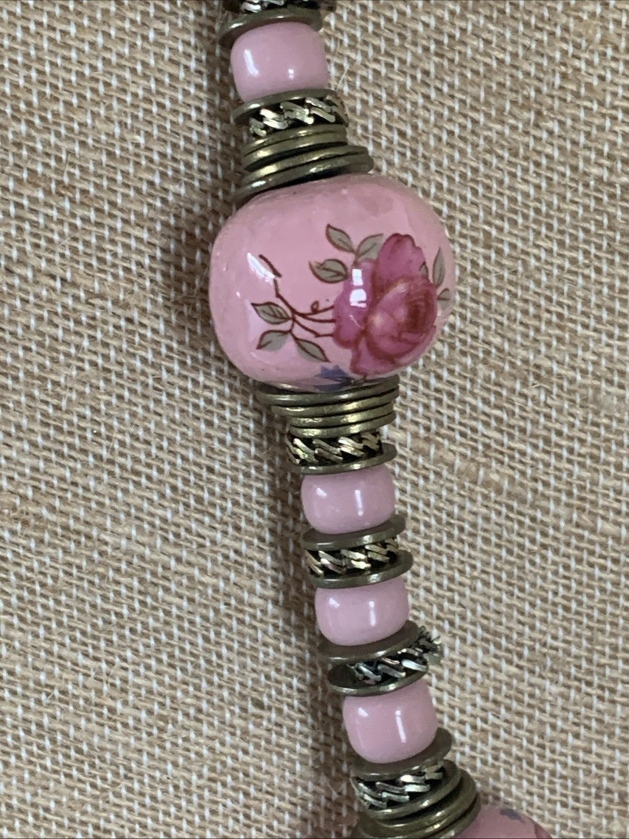 Vintage Necklace Antique Rose Porcelain Beads Floral Application 24" View 3