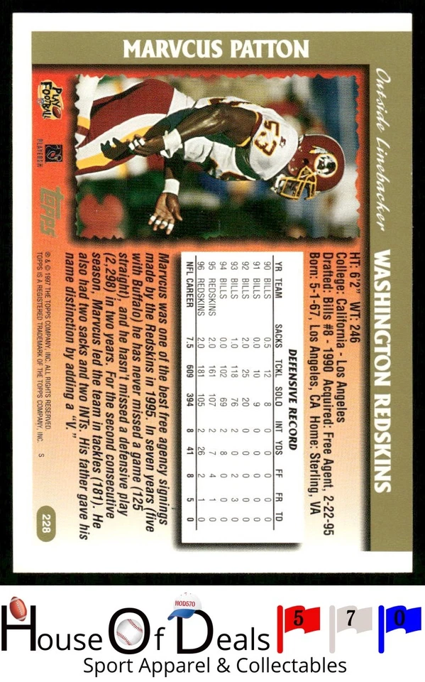 1997 Topps #228 Marvcus Patton Minted in Canton Redskins Football card - Image 2 of 2