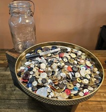 Antique BUTTONS LOT & Mason Jar • Vintage Metal Wood Bakelite BUTTONS ☆1900-1960
