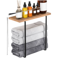 Wall Mounted Towel Bar and 38cm Wood Shelf Two Tier Bathroom Organizer Set
