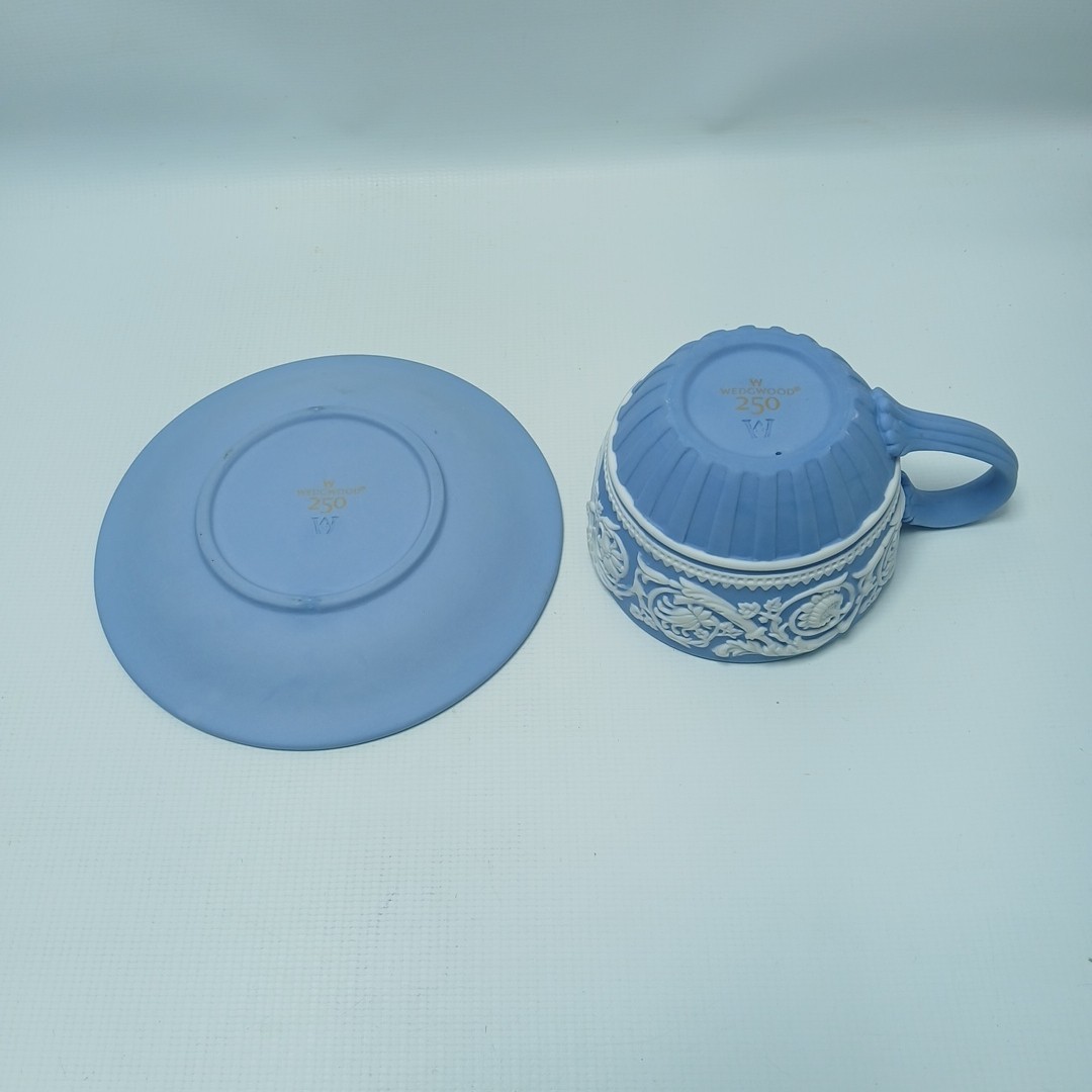 Wedgwood Blue Jasperware 250th Anniversary Arabesque Tea Cup and Saucer