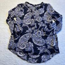 Lucky Brand Women’s Top Sz Sm Shear Navy w Tan Periwinkle Paisleys Long Sleeve