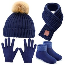 4 Pieces Kids Beanie Hat Scarf Gloves Socks Set Knit Winter Warm Set Navy Blue