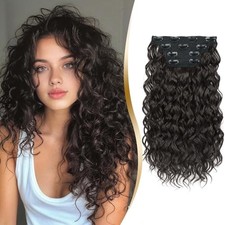 Clip in Hair Extensions 4 PCS Short Wavy Curly Clip on Hair 16 Inch Dark Brown